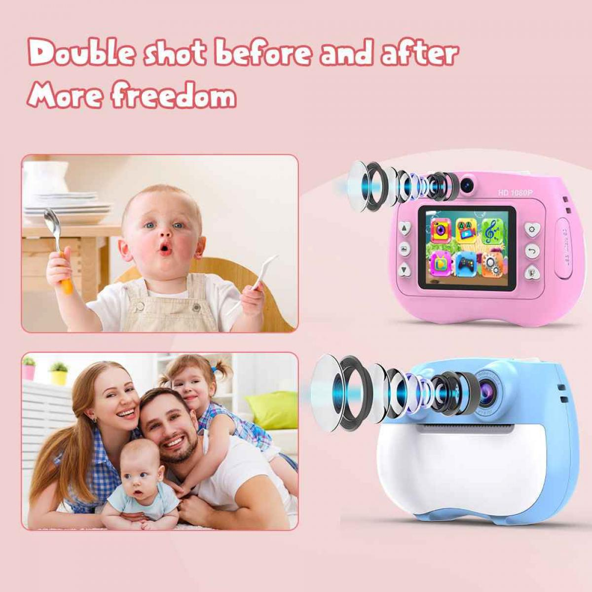 Das Bild zeigt ein Baby mit Löffel und eine Familie mit Kindern. Außerdem rosa und blaue Kinderkameras.
