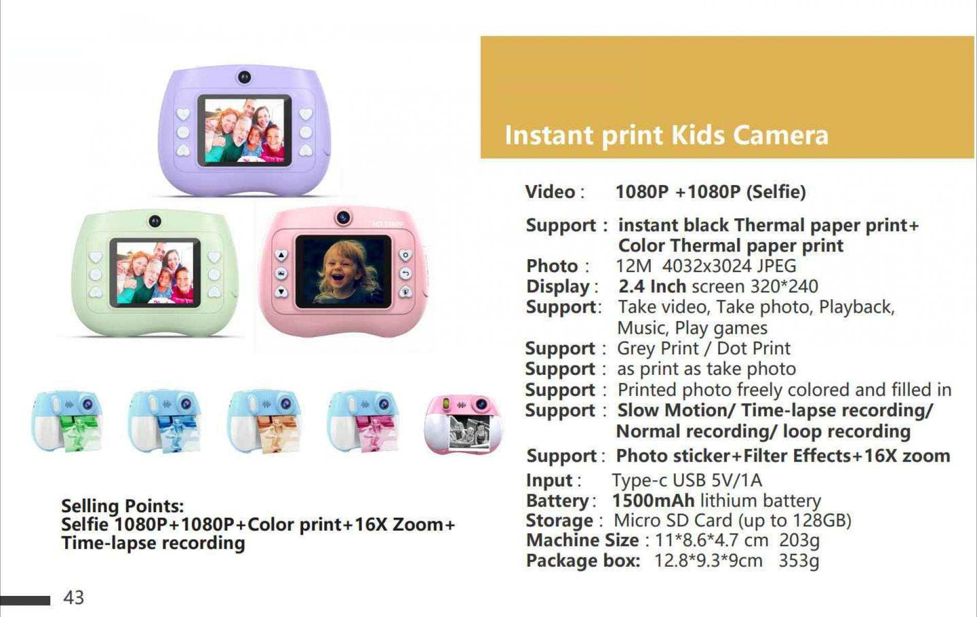 Eine Kinderkamera in Lila, Grün und Pink. Zu den Funktionen gehören Selfie, Farbdruck, 16-facher Zoom und Zeitrafferaufnahmen.
