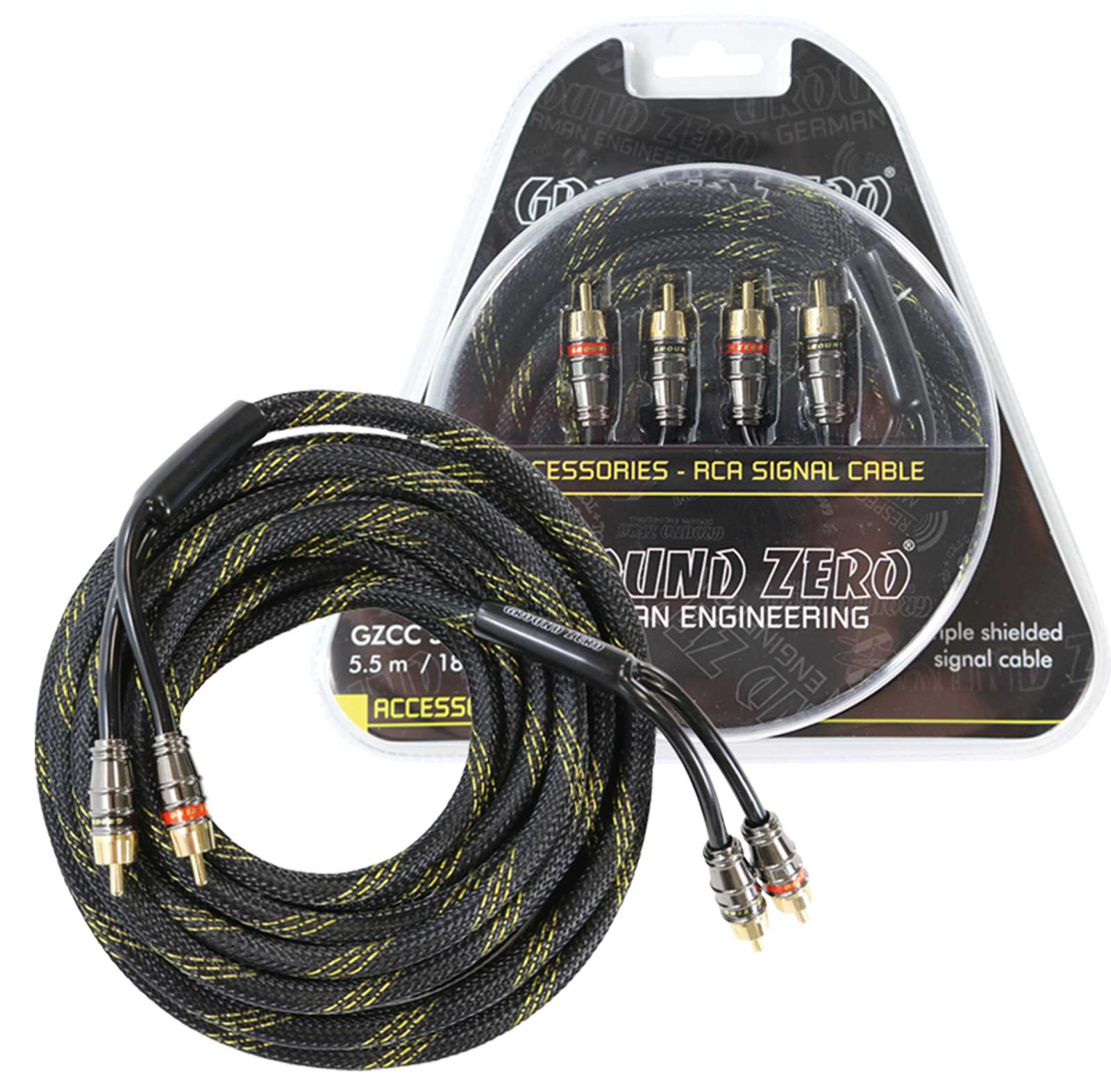 Ein schwarzes RCA-Signalkabel mit gelben Linien ist vor einem verpackten Satz derselben Kabel aufgerollt.
