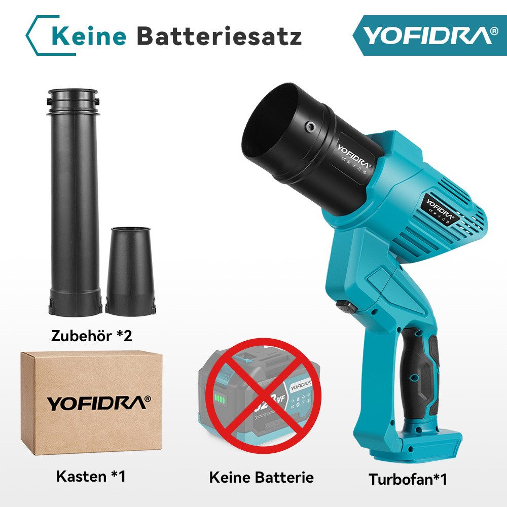 Das Bild zeigt ein türkisfarbenes und schwarzes Elektrowerkzeug, Zubehör und eine Box. Ein Symbol ohne Batterie ist vorhanden.