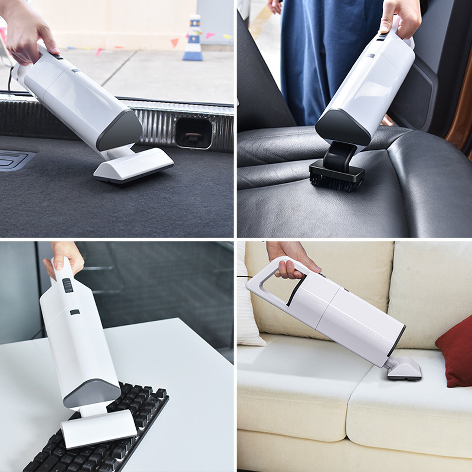 Ein weißer Handstaubsauger wird zum Reinigen verschiedener Oberflächen verwendet, darunter ein Autositz, eine Tastatur und ein Sofa.