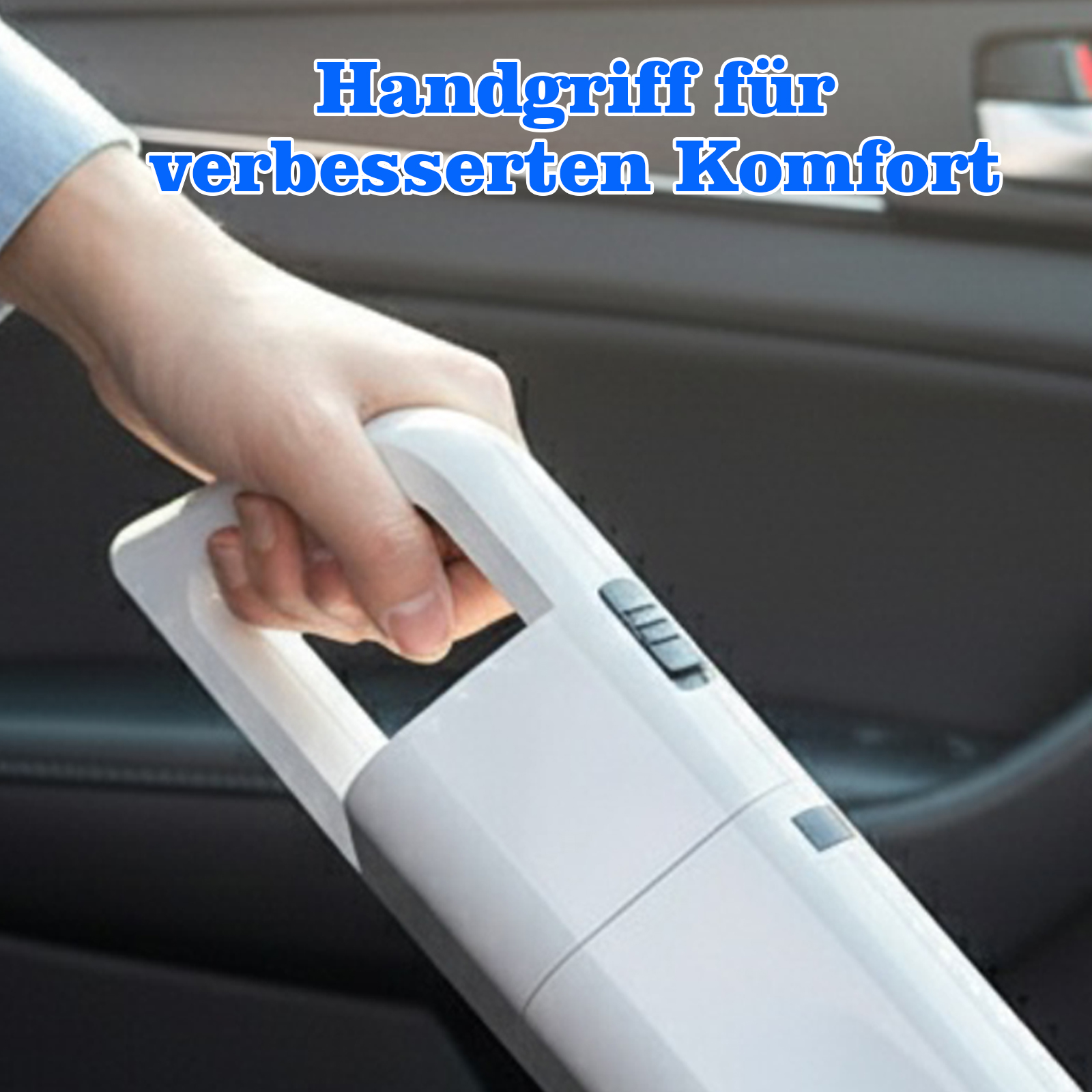 Eine Hand hält einen weißen Autostaubsauger. Der Hintergrund zeigt das Innere eines Autos mit deutschem Text.