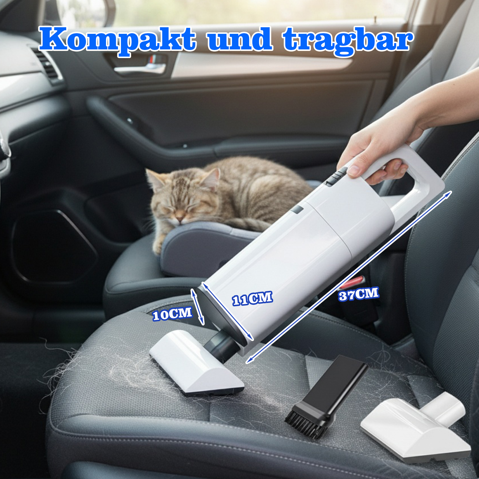Ein weißer Handstaubsauger mit Aufsätzen liegt auf einem Autositz. Im Hintergrund schläft eine Katze.