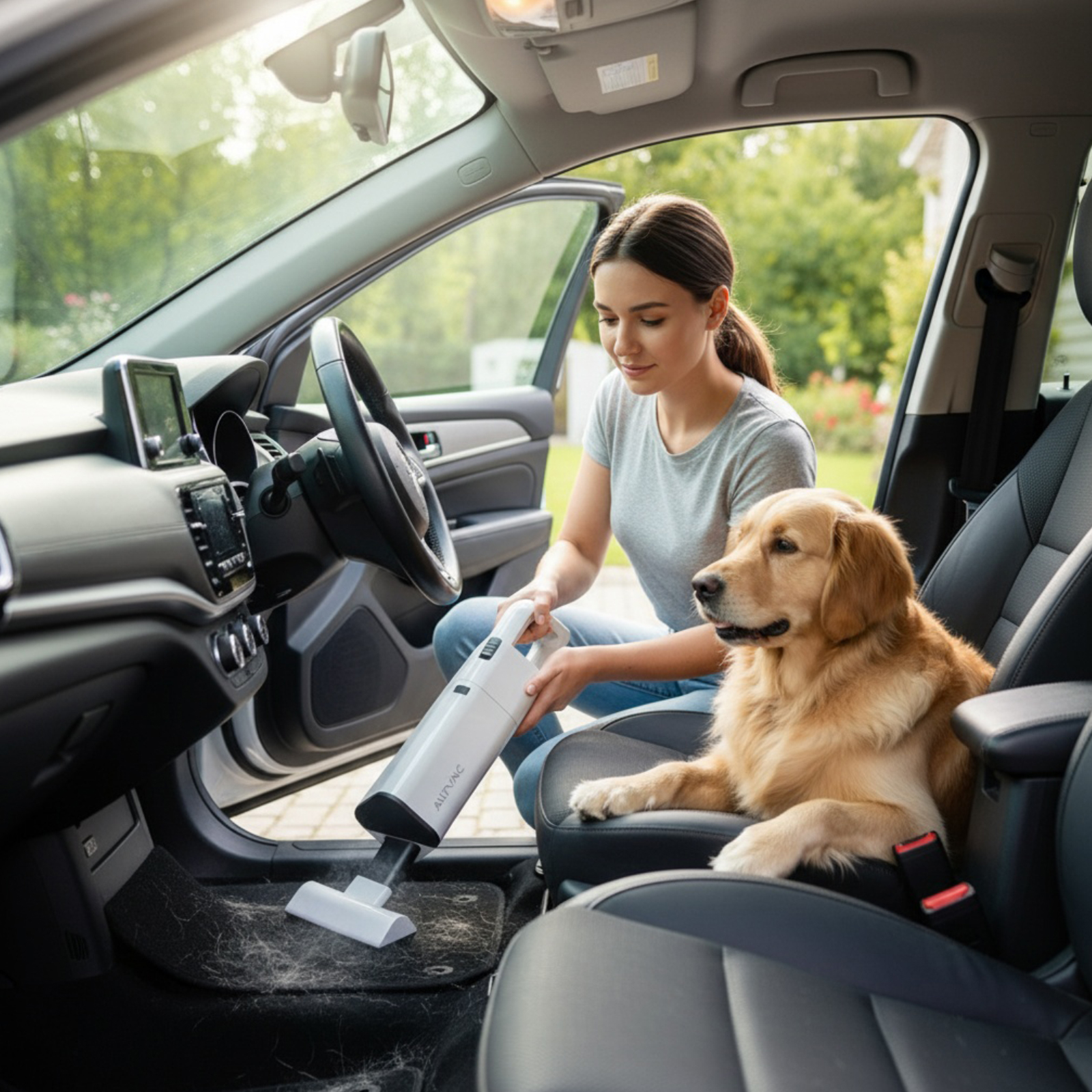 Eine Frau saugt das Auto. Ein Golden Retriever sitzt auf dem Sitz. Die Autotür ist offen, Sonnenlicht scheint herein.
