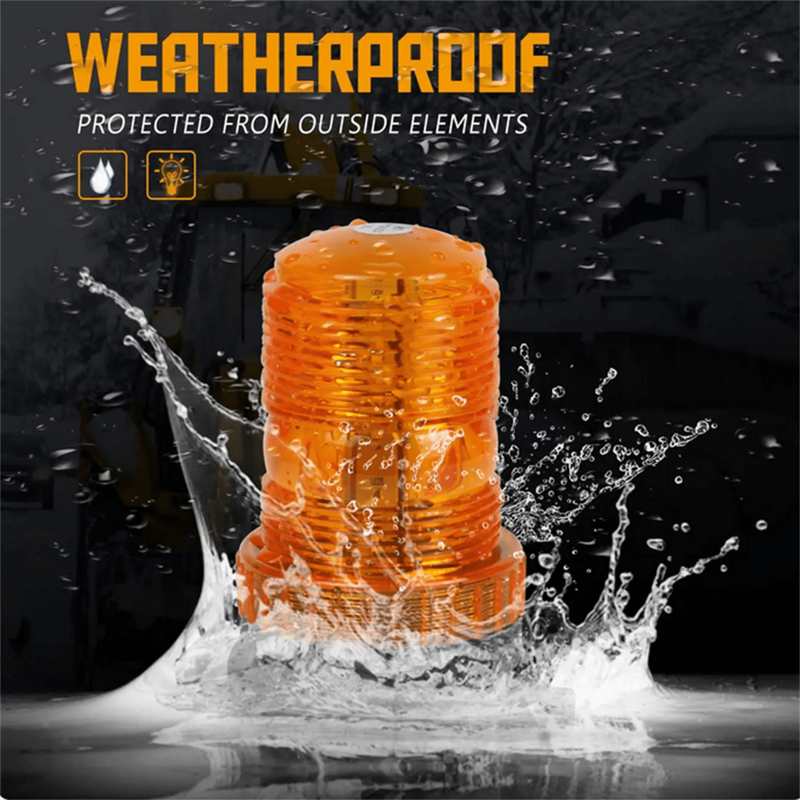 Ein orangefarbenes, zylindrisches Licht befindet sich im Wasser. Oben steht 'Weatherproof'. Wassertropfen sind überall.