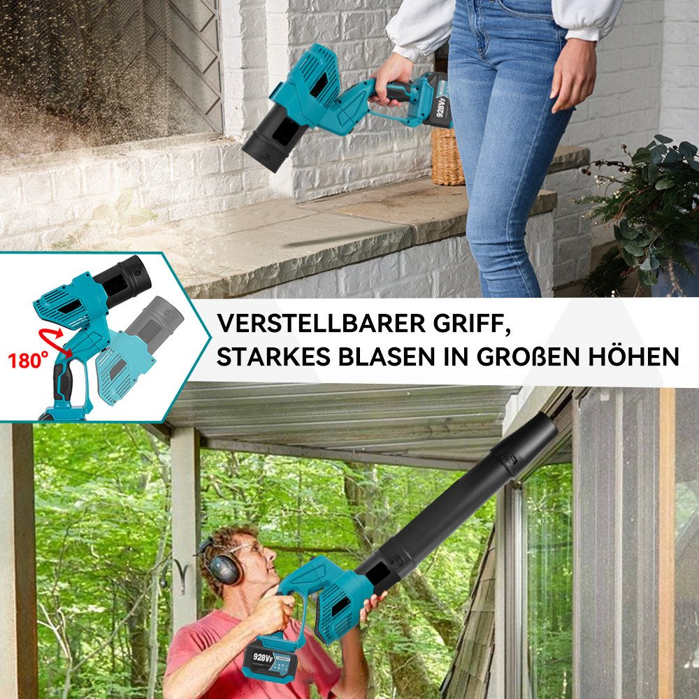 Eine Frau und ein Mann benutzen Laubbläser. Die Frau ist auf einer Veranda, der Mann draußen. Das Produkt wird mit Winkeleinstellung gezeigt.