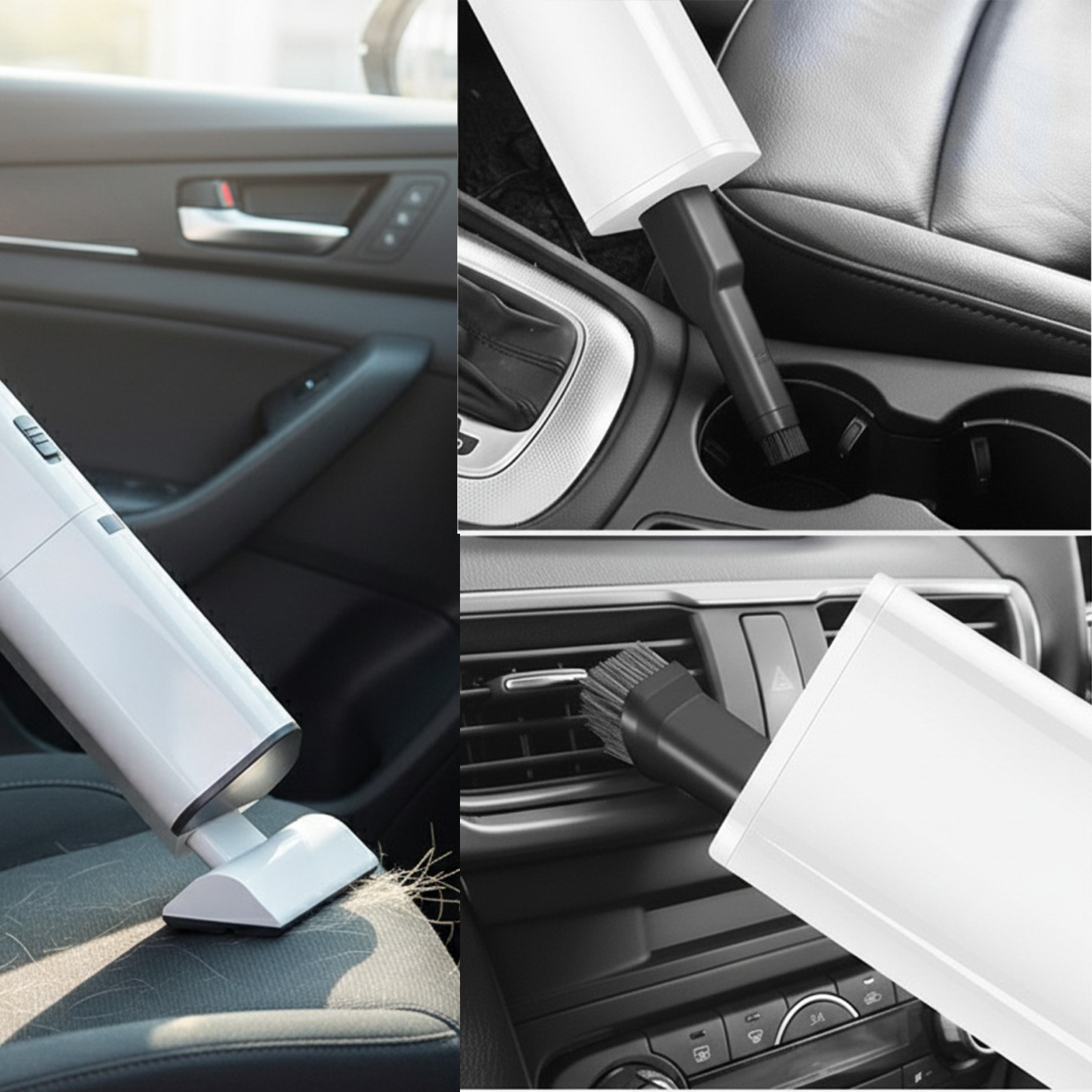 Ein weißer Handstaubsauger reinigt den Innenraum eines Autos. Verschiedene Aufsätze werden auf Sitzen, Lüftungsschlitzen und Becherhaltern verwendet.
