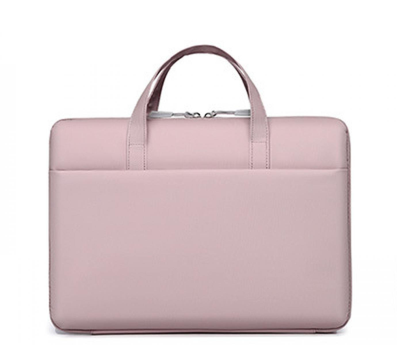 Eine hellrosa Laptoptasche mit Griff. Die Tasche ist rechteckig mit Reißverschluss oben und einer Vordertasche.