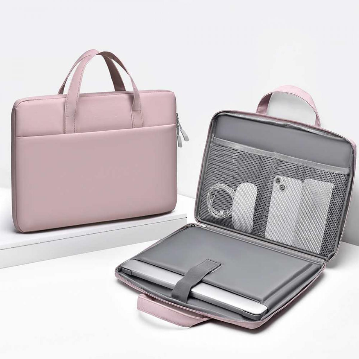 Zwei rosa Laptoptaschen. Eine geschlossen, eine offen mit Laptop, Zubehör. Weiße Oberfläche. Weiches Licht.