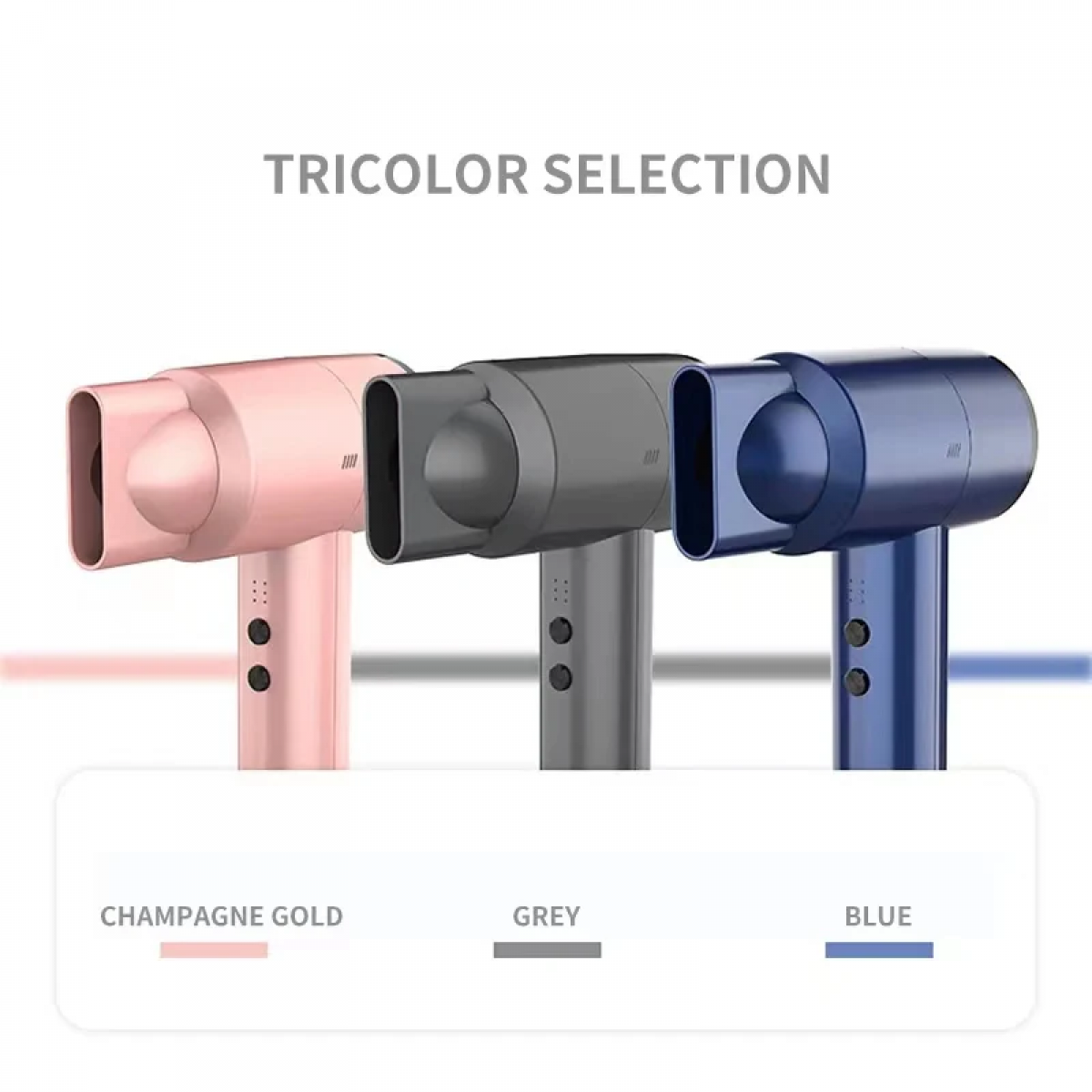 Das Bild zeigt drei Haartrockner: Champagnergold, Grau und Blau. Der Text darüber lautet 'TRICOLOR SELECTION'.