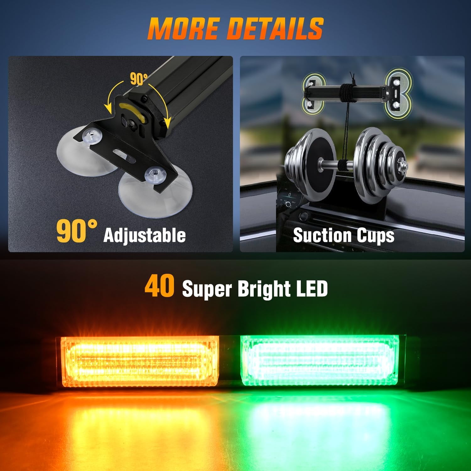 Das Bild zeigt 3 Abschnitte: verstellbare Halterung mit Saugnäpfen, Saugnäpfe mit einem Metallobjekt und LED-Leuchten in Orange und Grün.