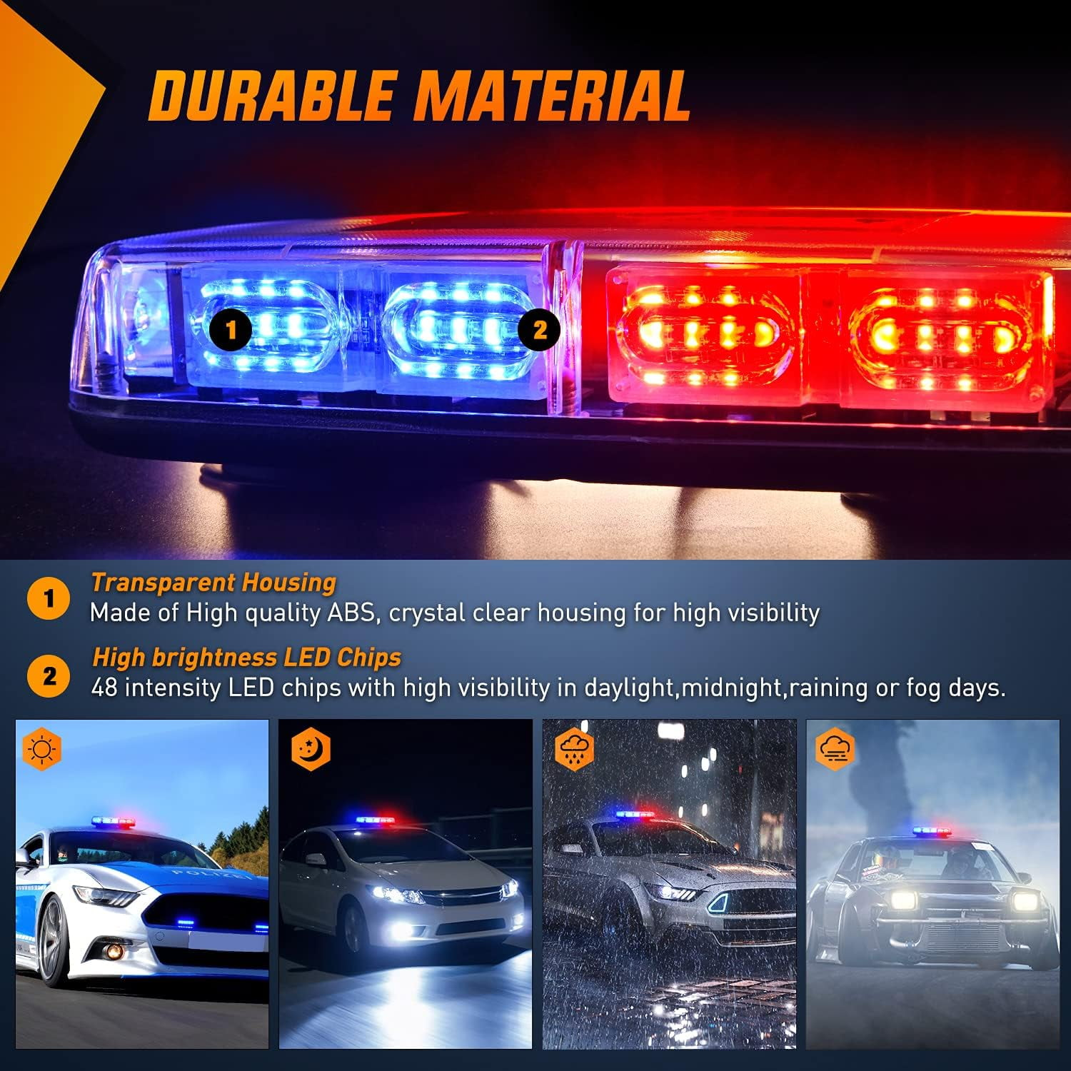Nahaufnahme eines blauen und roten Notlichtbalkens. Darunter sind Bilder von Autos mit ähnlichen Lichtern bei verschiedenen Wetterbedingungen.