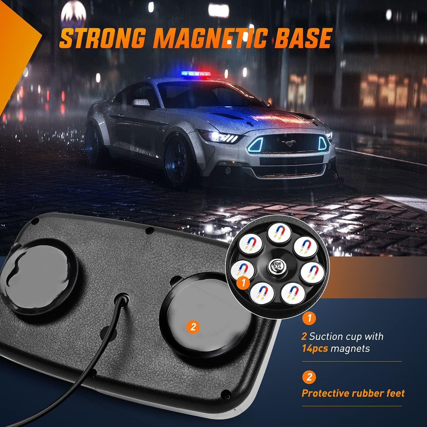 Ein Auto mit Blinklicht und eine Magnetbasis mit Saugnäpfen und Magneten. Text sagt "Starke Magnetbasis".