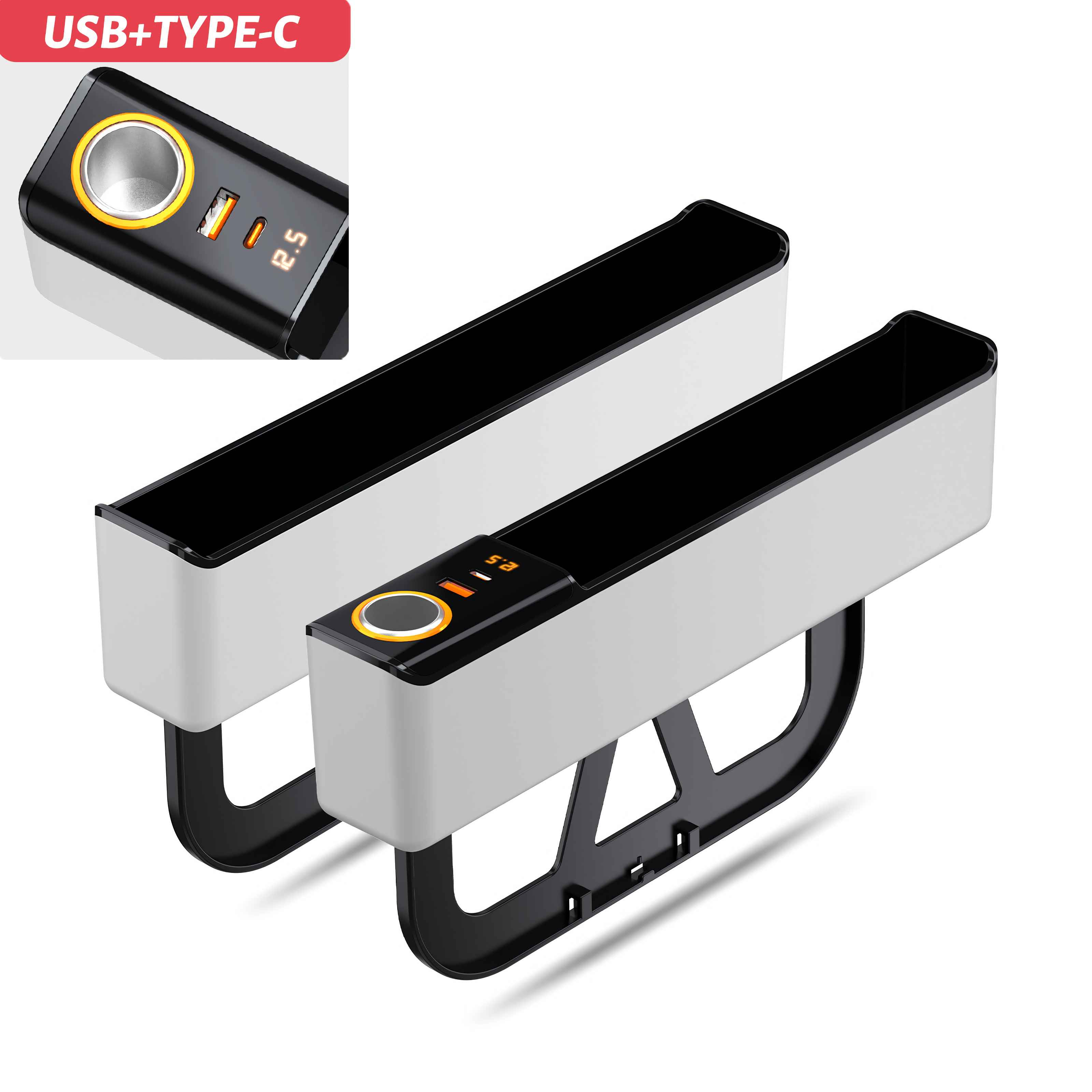 Zwei Auto-Organizer mit schwarzen Ober- und Unterteilen, grauen Seiten. Sie haben USB- und Typ-C-Anschlüsse. Weißer Hintergrund.