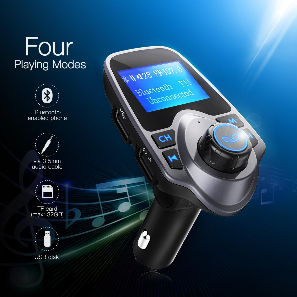 Ein Auto-Audiogerät zeigt 'Bluetooth getrennt' an. Es hat Knöpfe und USB-/Audioanschlüsse mit Symbolen für Bluetooth, TF-Karte und USB.