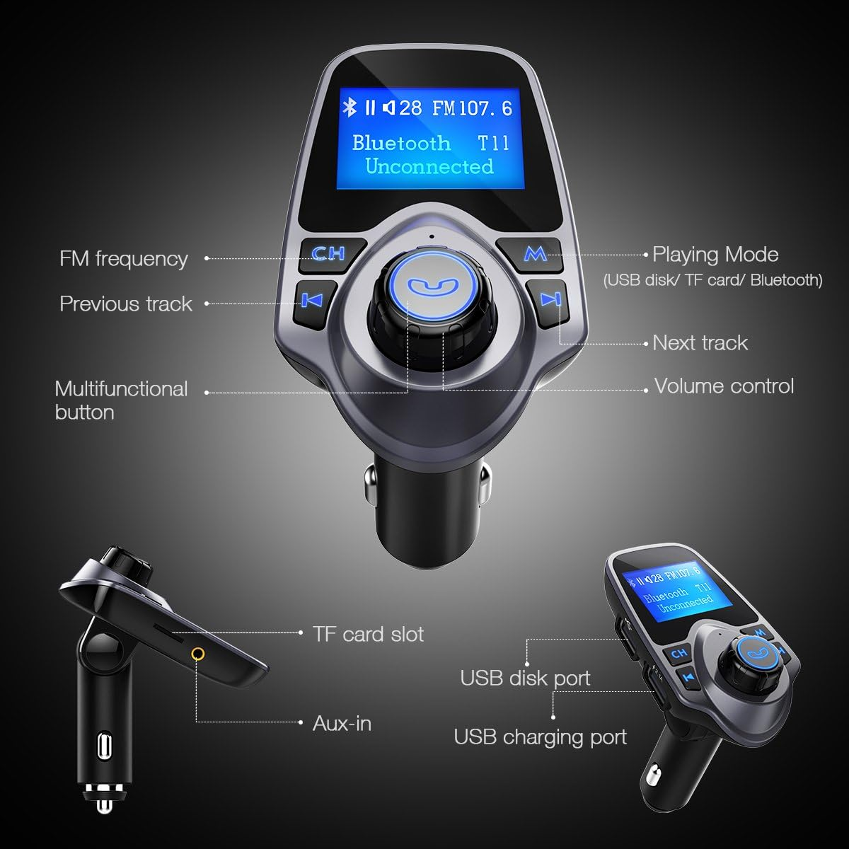 Ein Bluetooth-FM-Transmitter für Autos mit Display, das FM-Frequenz und Bluetooth-Status anzeigt. Mit USB-Anschlüssen und TF-Kartensteckplatz.