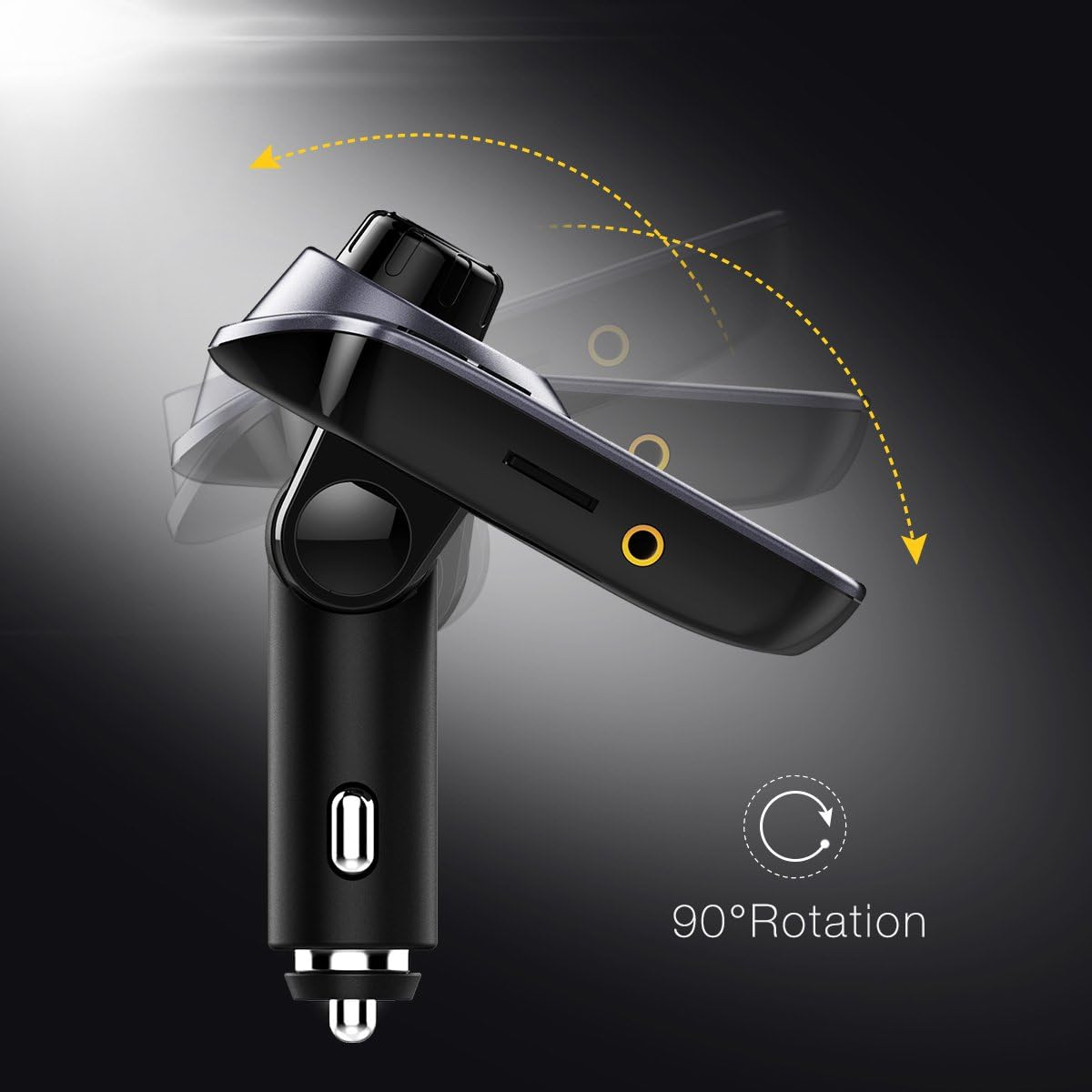 Schwarzes Autoladegerät mit 90°-Drehfunktion. Es hat einen USB-Anschluss und einen kreisförmigen Knopf. Gelbe gestrichelte Linien zeigen die Drehung an.