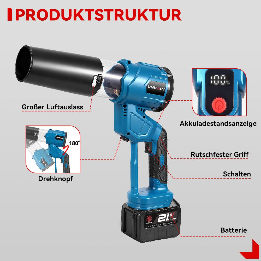 Ein blaues und schwarzes Elektrowerkzeug. Merkmale umfassen einen großen Luftauslass, Akku und ein Display mit 100% Ladung.