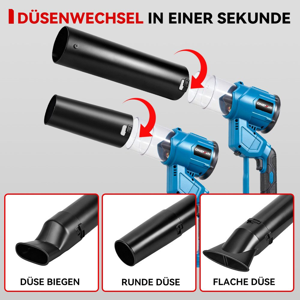 Das Bild zeigt ein blau-schwarzes Gebläse mit austauschbaren Düsen, der Text lautet: 'Düsenwechsel in einer Sekunde'.