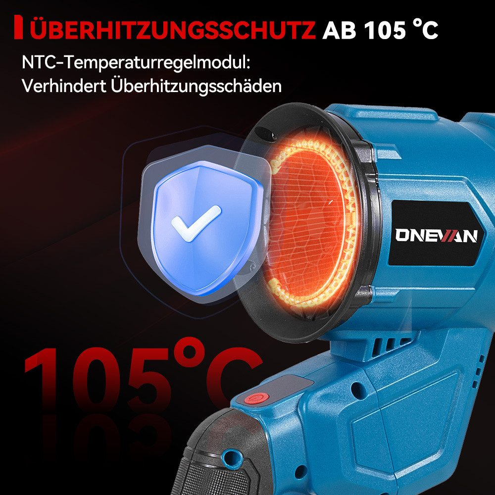 Das Bild zeigt ein blaues Werkzeug mit einem Schildsymbol. Der Text lautet 'ÜBERHITZUNGSSCHUTZ AB 105 °C'. Ein rotes, leuchtendes Element ist sichtbar.