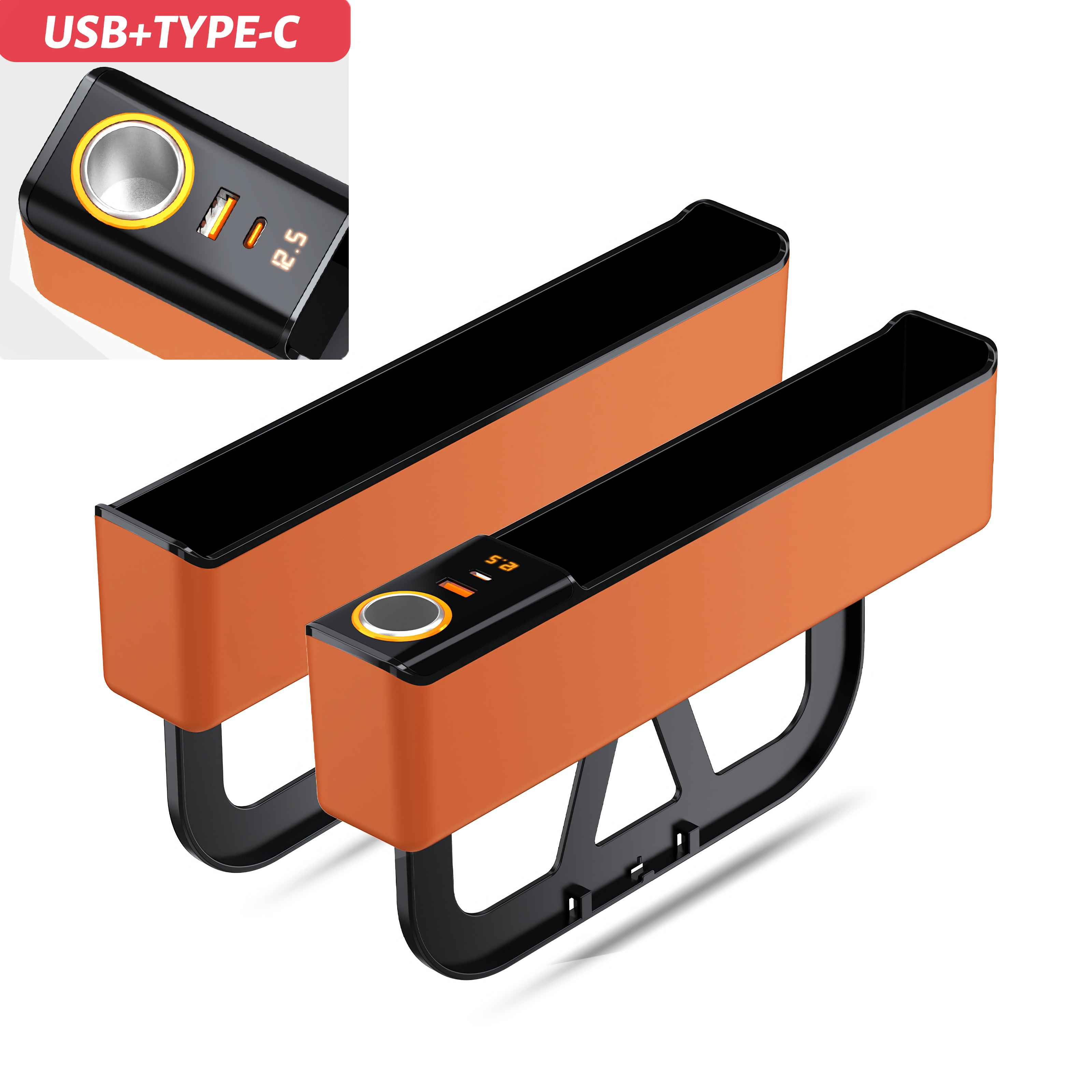 Auto-Organizer in Orange und Schwarz. Mit USB-Anschlüssen und einem Zigarettenanzünder-Steckplatz.