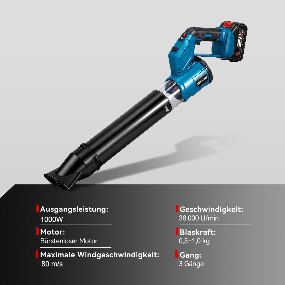 Ein blau-schwarzes Laubgebläse vor weißem Hintergrund. Technische Daten sind unterhalb des Gebläses aufgeführt.