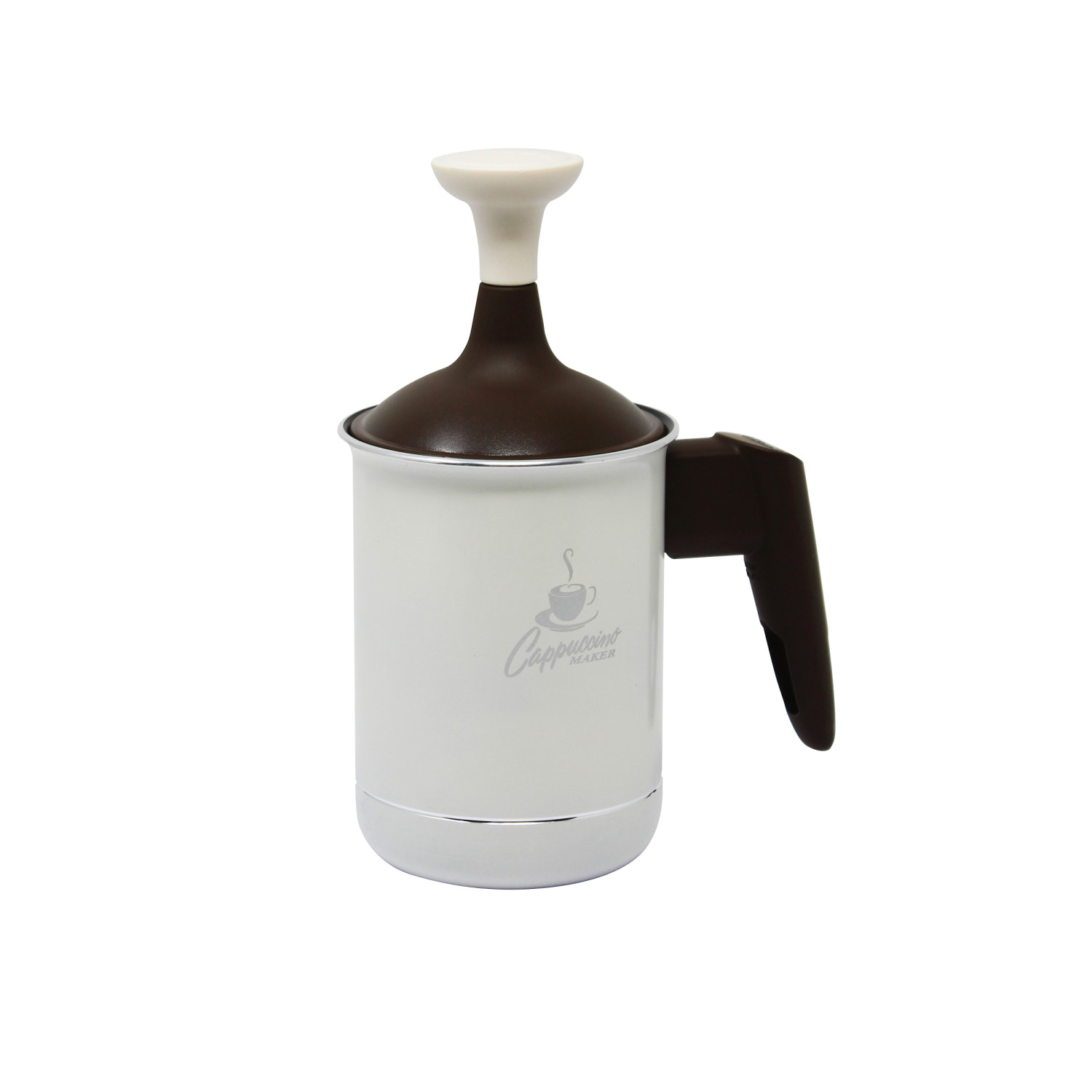 Una macchina per cappuccino bianca e marrone. Ha un manico e un coperchio con la parte superiore bianca. Il testo 'Cappuccino Maker' è stampato sul davanti.