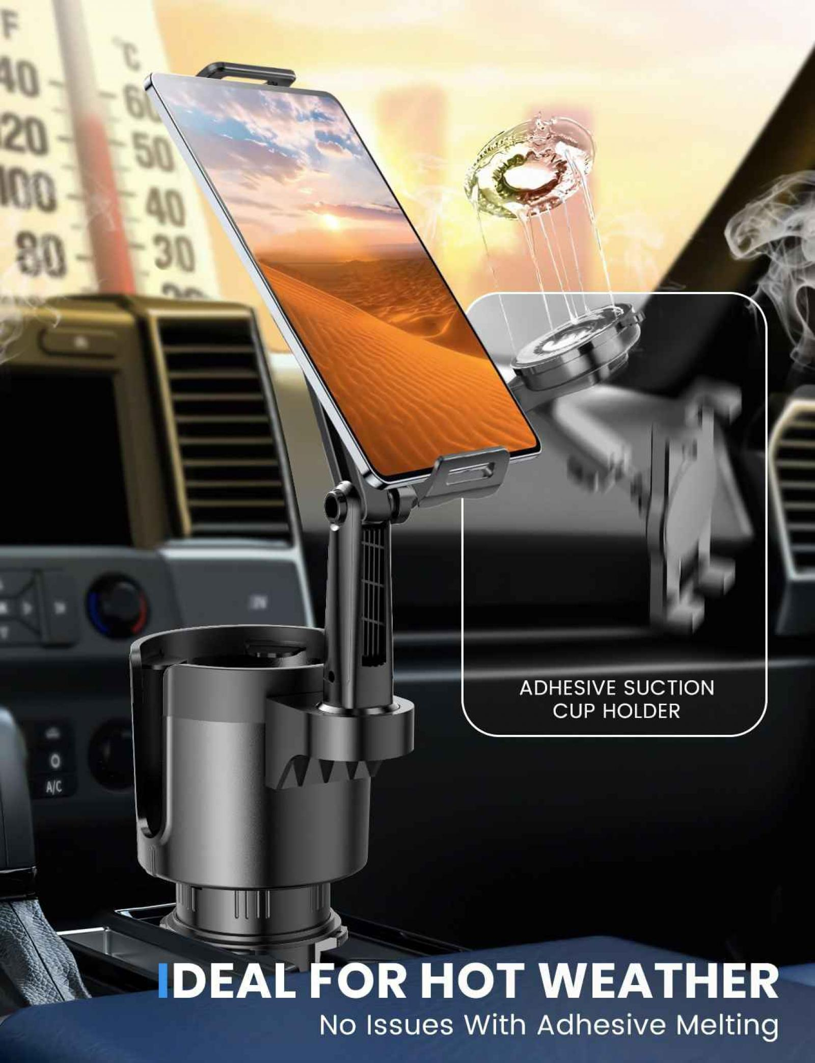 Ein Telefonhalter im Auto. Es zeigt ein Telefon, das eine Wüstenlandschaft anzeigt. Der Text lautet: 'Ideal für heißes Wetter'.