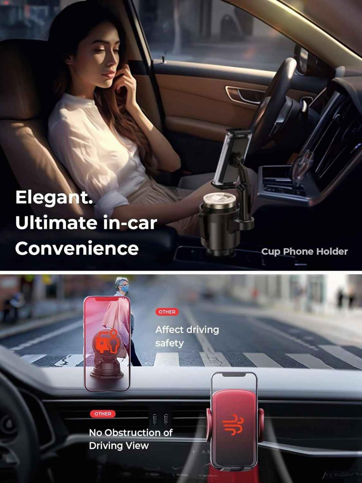 Eine Frau sitzt im Auto. In der Mitte befindet sich ein Becher-Telefonhalter. Das Bild wirbt mit Text-Overlay für das Produkt.