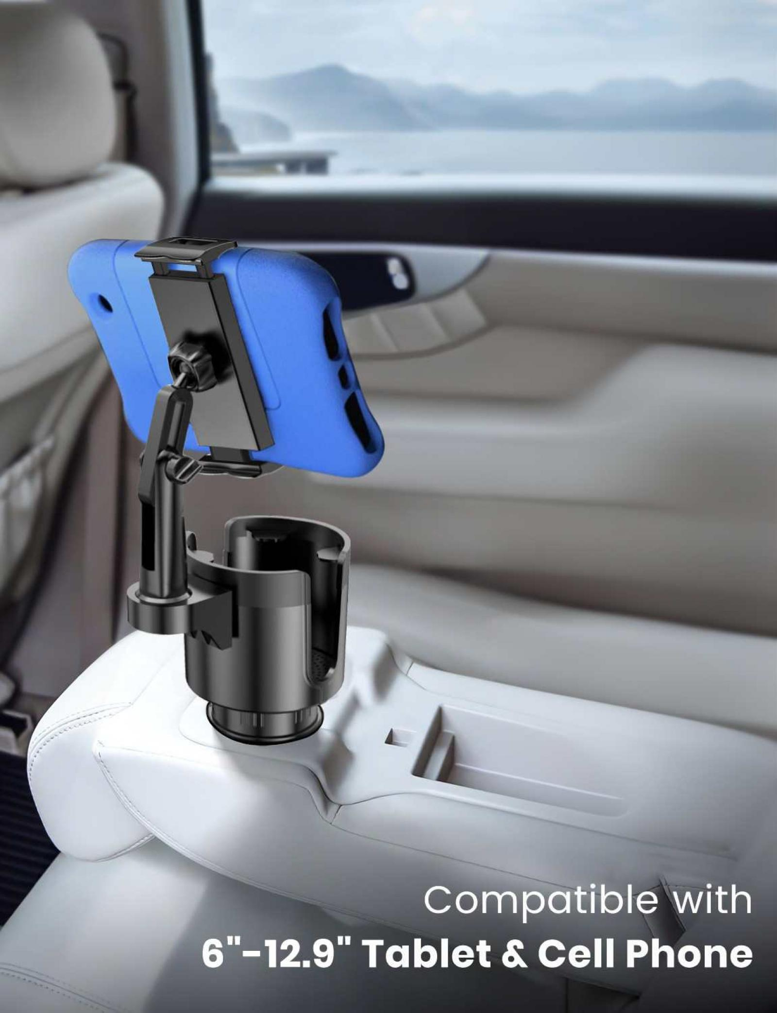 Auto-Telefonhalter mit blauem Telefon. Schwarzer Halter befindet sich in einem Auto. Text: 'Kompatibel mit 6"-12,9" Tablet & Handy'.