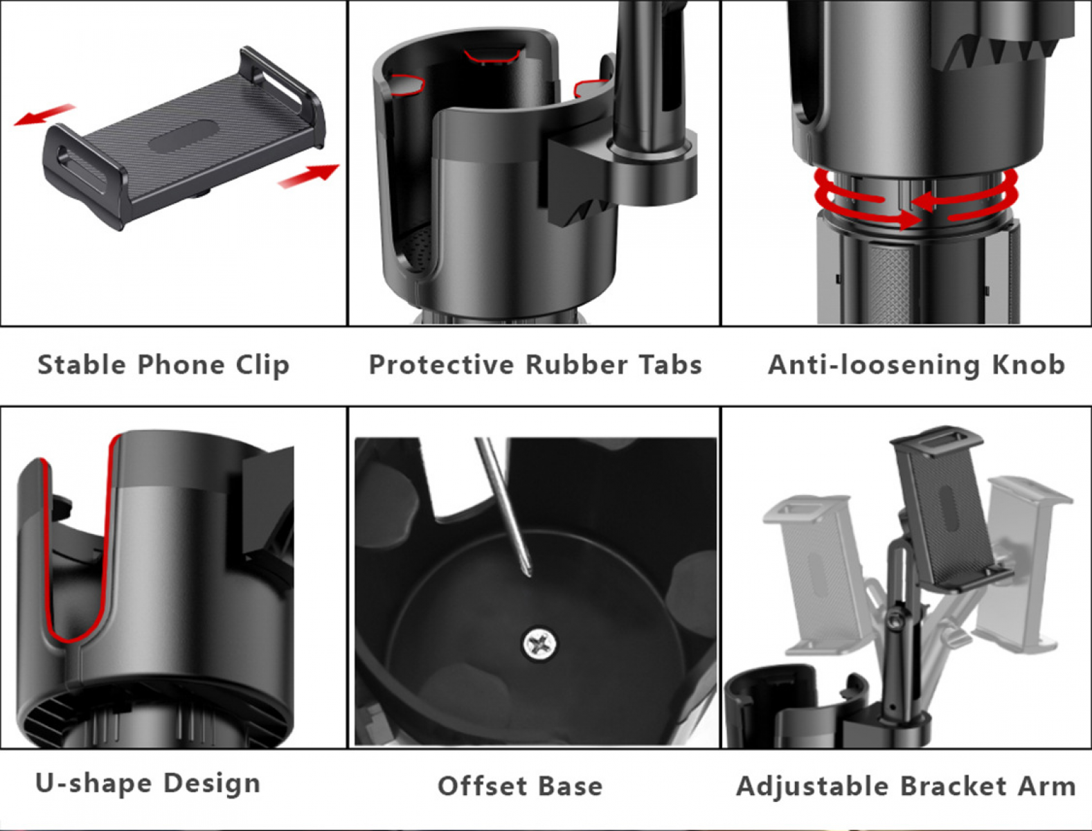 Das Bild zeigt eine Autotelefonhalterung mit verschiedenen Komponenten: Telefonclip, Gummilaschen, Knopf, U-Form, versetzter Basis und verstellbarem Arm.