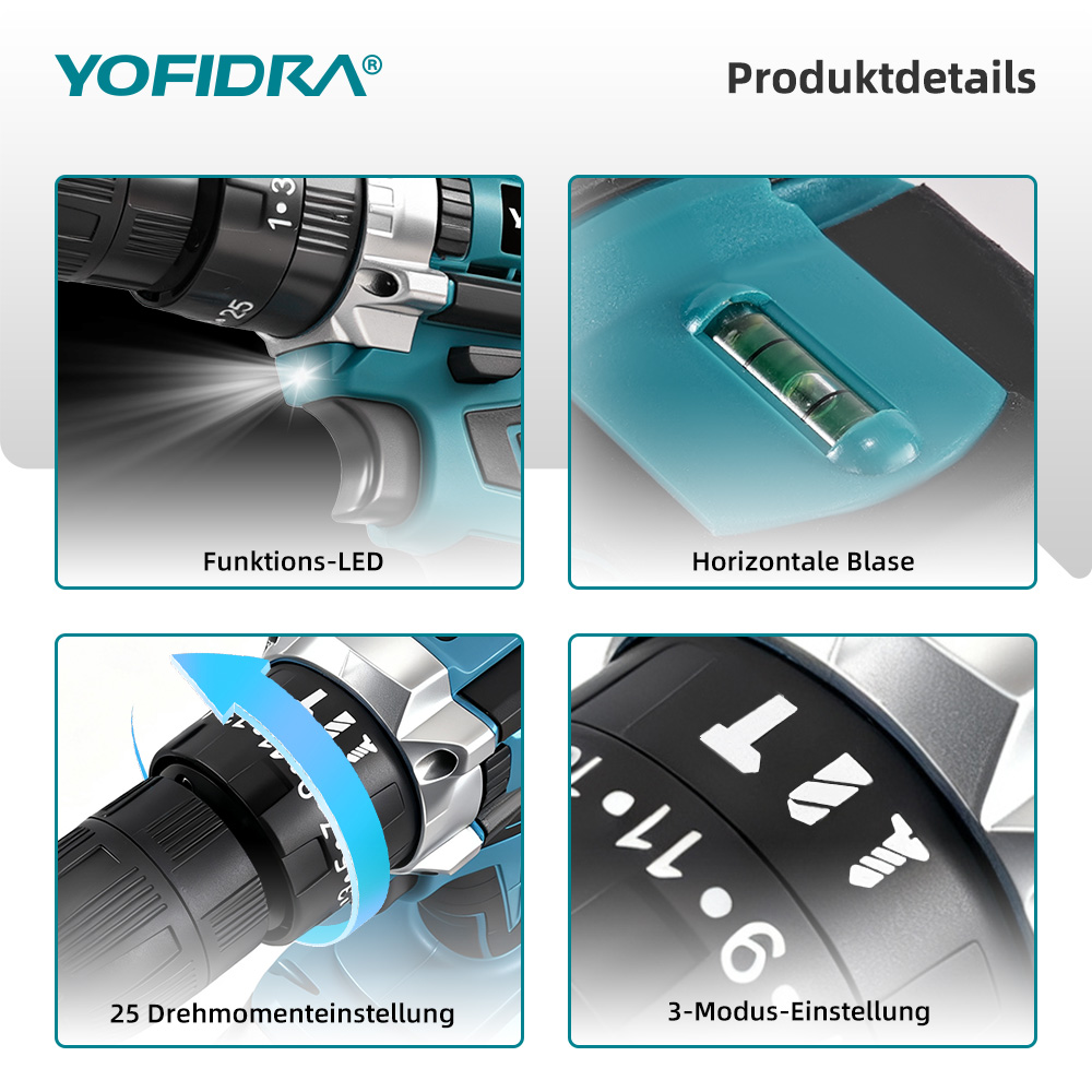 Nahaufnahme eines teal-schwarzen Bohrers mit Etiketten, die Funktionen wie LED, Wasserwaage, Drehmomenteinstellungen und Modus anzeigen.