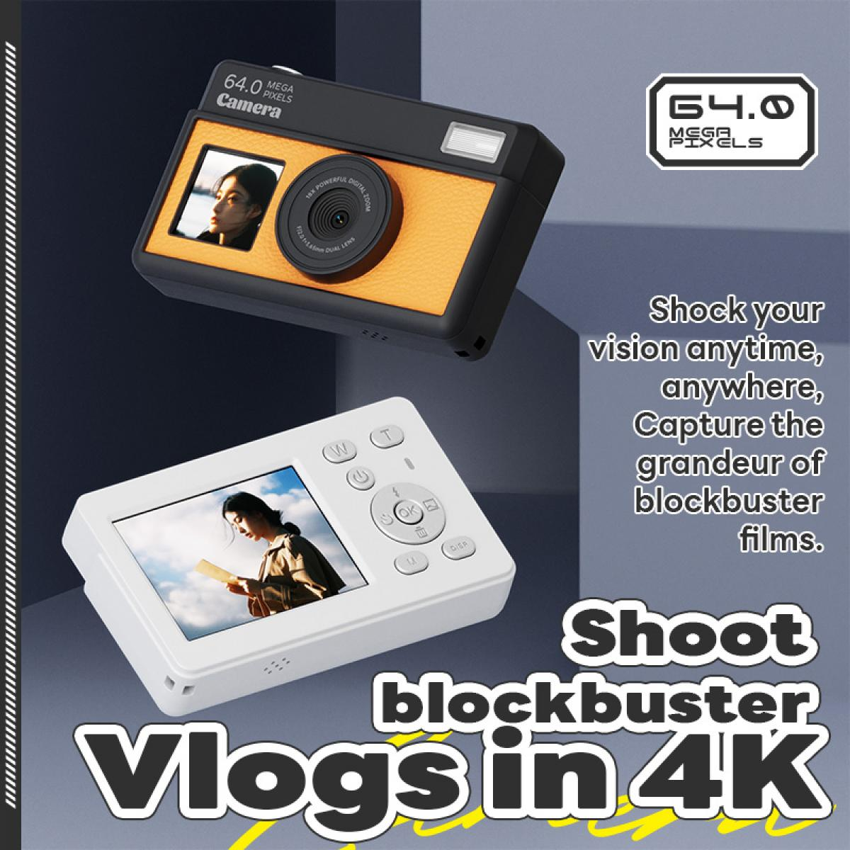 Eine Kamera mit orange-schwarzem Gehäuse und ein weißer Bildschirm mit einer Person. Text bewirbt 4K-Vlogs.