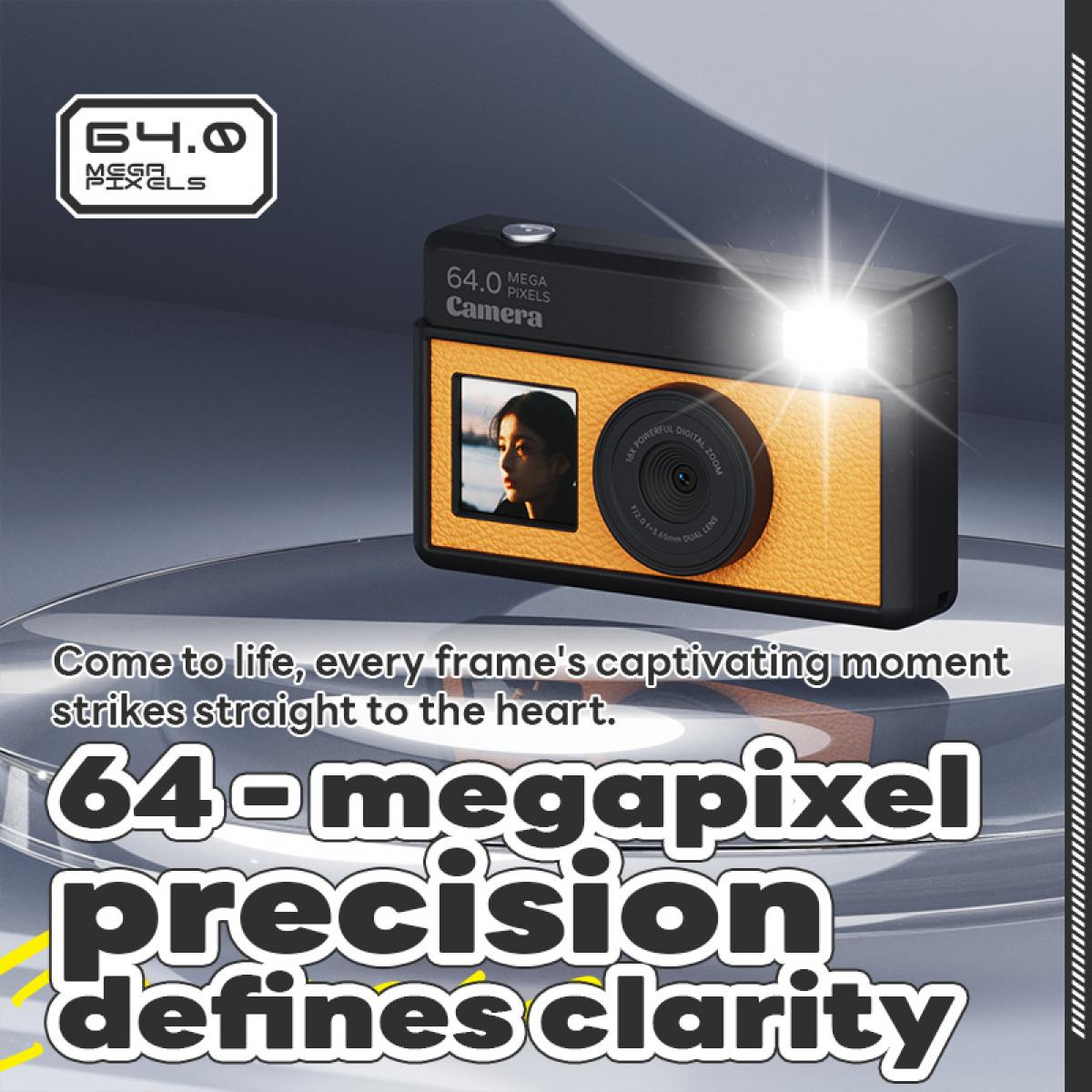 Eine Kamera mit einem Foto einer Frau auf dem Bildschirm. Sie hat 64 Megapixel und einen Blitz. Text: '64-Megapixel-Präzision definiert Klarheit'.