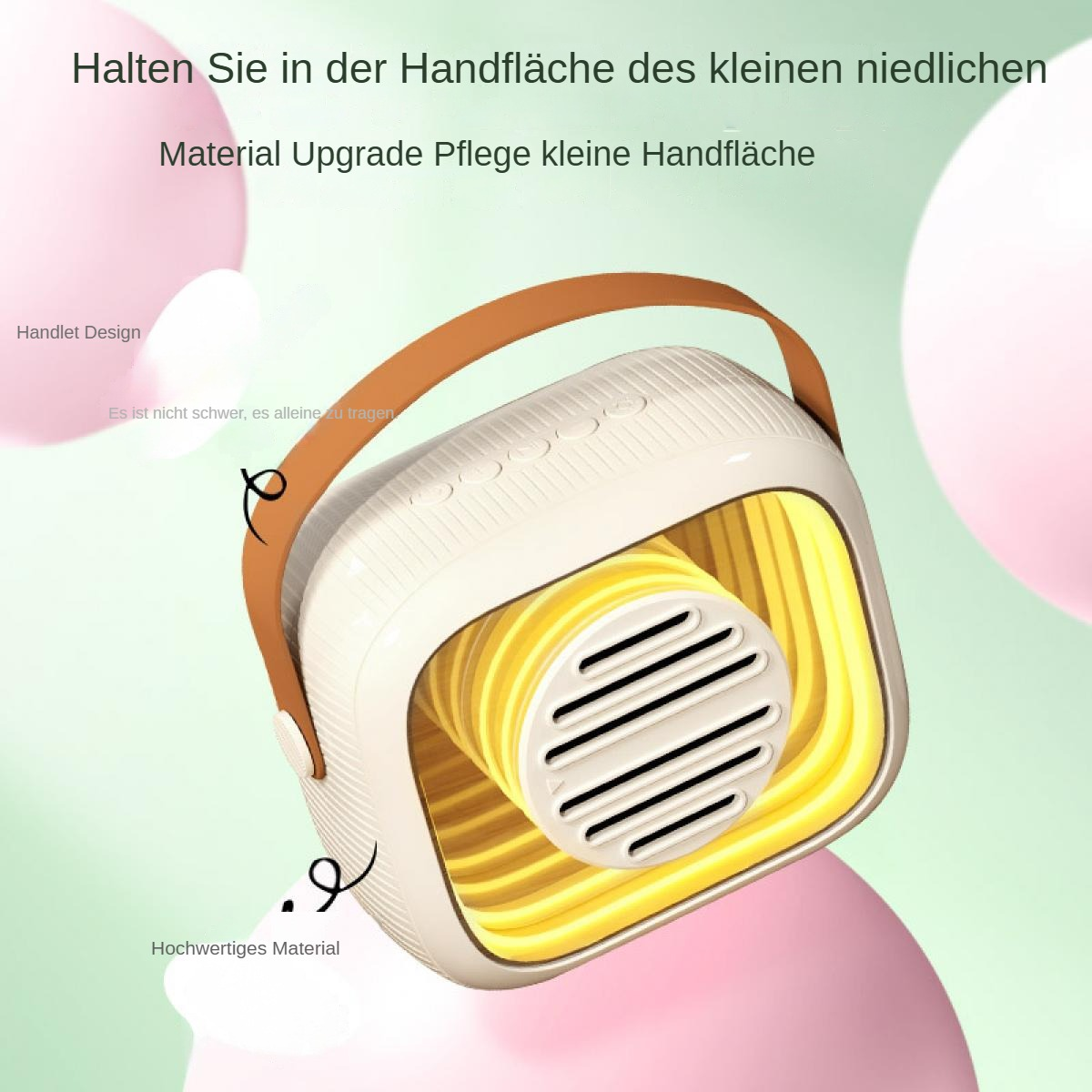 Ein cremefarbener und gelber Lautsprecher mit braunem Griff. Er hat einen gelben Innenventilator und schwarze Linien in der Mitte. Rosa und grüner Hintergrund.