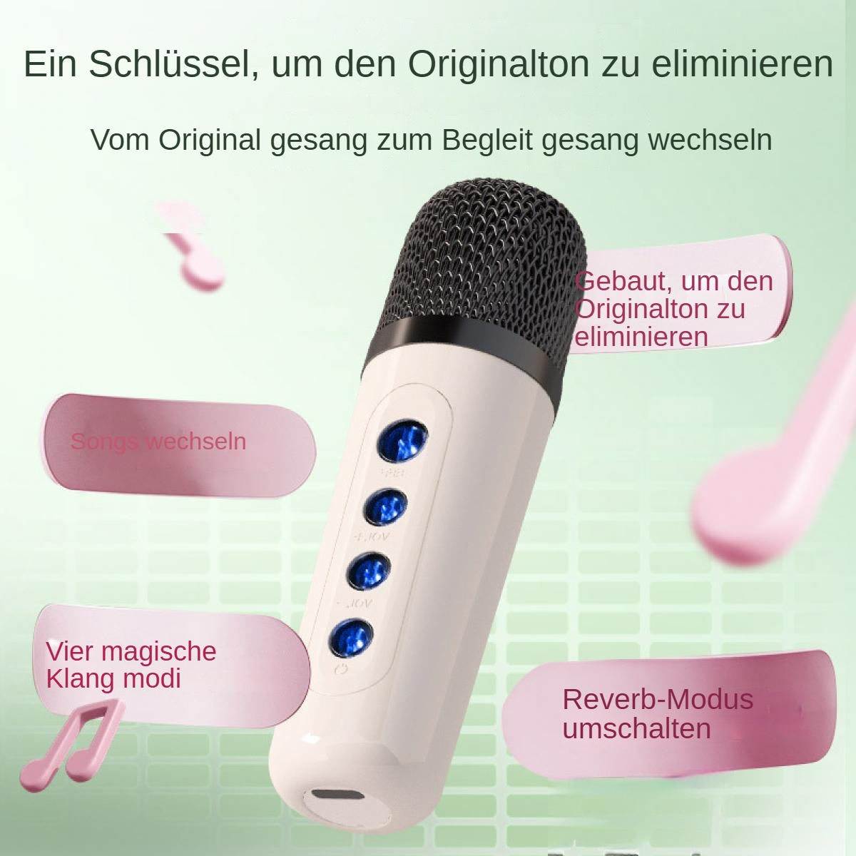 Ein weißes Mikrofon mit schwarzem Kopf. Rosa Sprechblasen heben Funktionen wie Songwechsel und Reverb-Modus hervor.