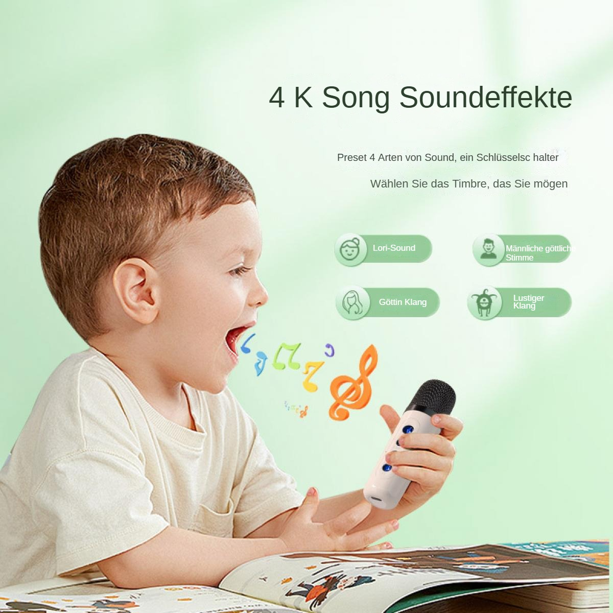 Ein Kind singt in ein Mikrofon. Bunte Noten und ein Violinschlüssel erscheinen aus dem Mund. Text enthält Soundeffekte.