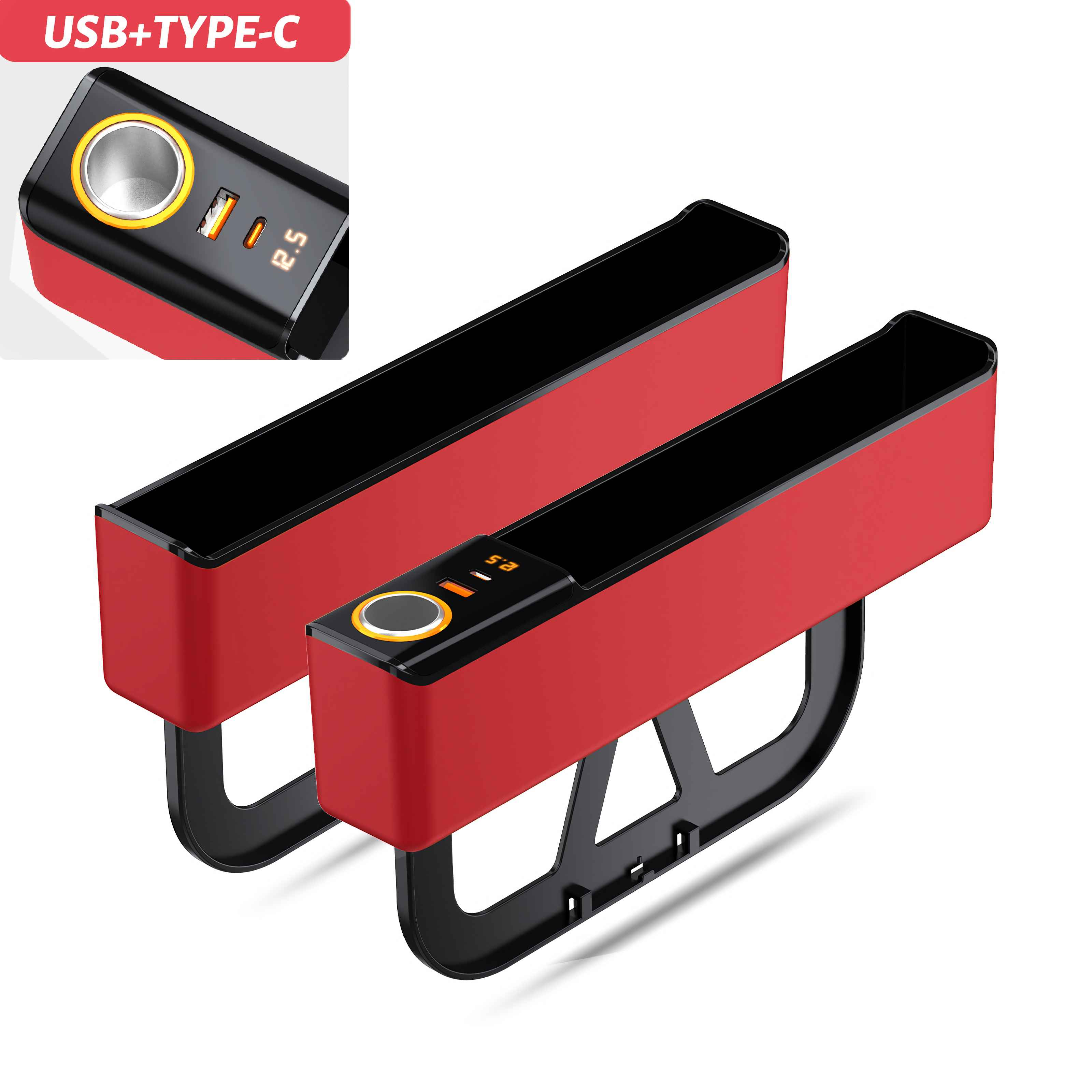 Roter und schwarzer Autositz-Organizer mit USB-Anschlüssen. Verfügt über einen roten Körper, schwarze Zierleisten und einen integrierten Ladeanschluss.