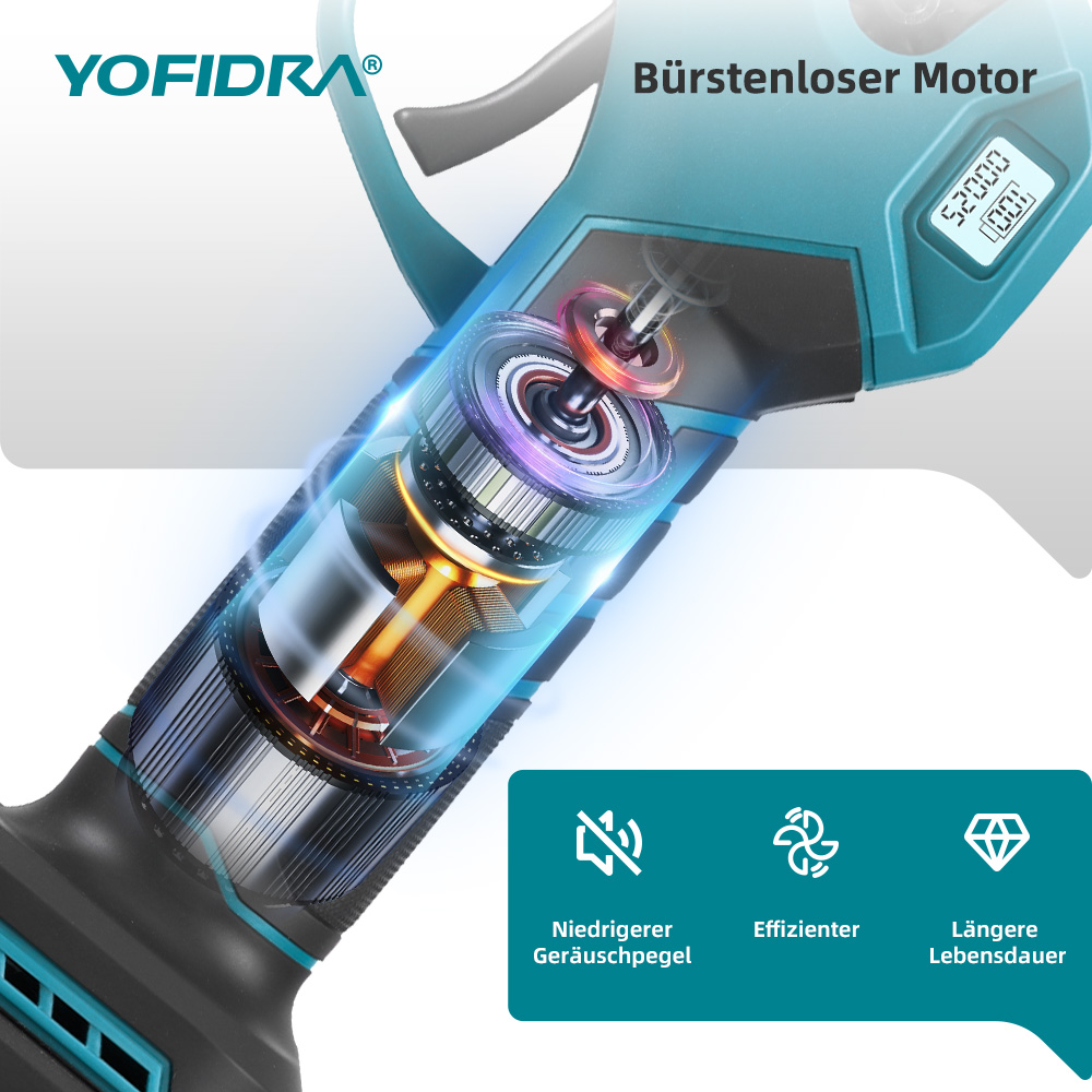 Una herramienta eléctrica con vista transparente del motor. Tiene una pantalla digital e iconos que indican funciones como eficiencia y vida útil.