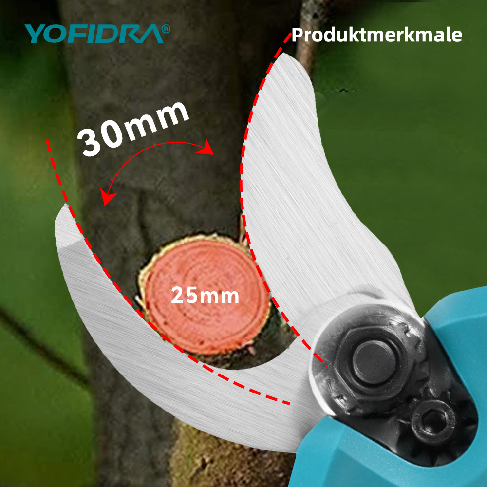 Unas tijeras de podar cortan una rama de árbol. Las medidas de 30 mm y 25 mm se indican con arcos rojos y números. La tijera es turquesa y plateada.