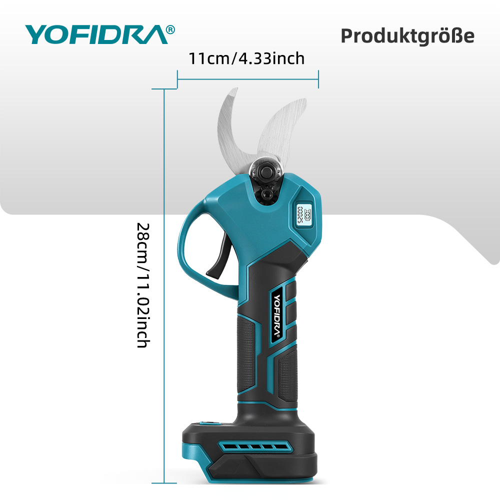 Eine teal- und schwarze elektrische YOFIDRA-Astschere. Abmessungen: 28 cm/11,02 Zoll Höhe und 11 cm/4,33 Zoll Breite.