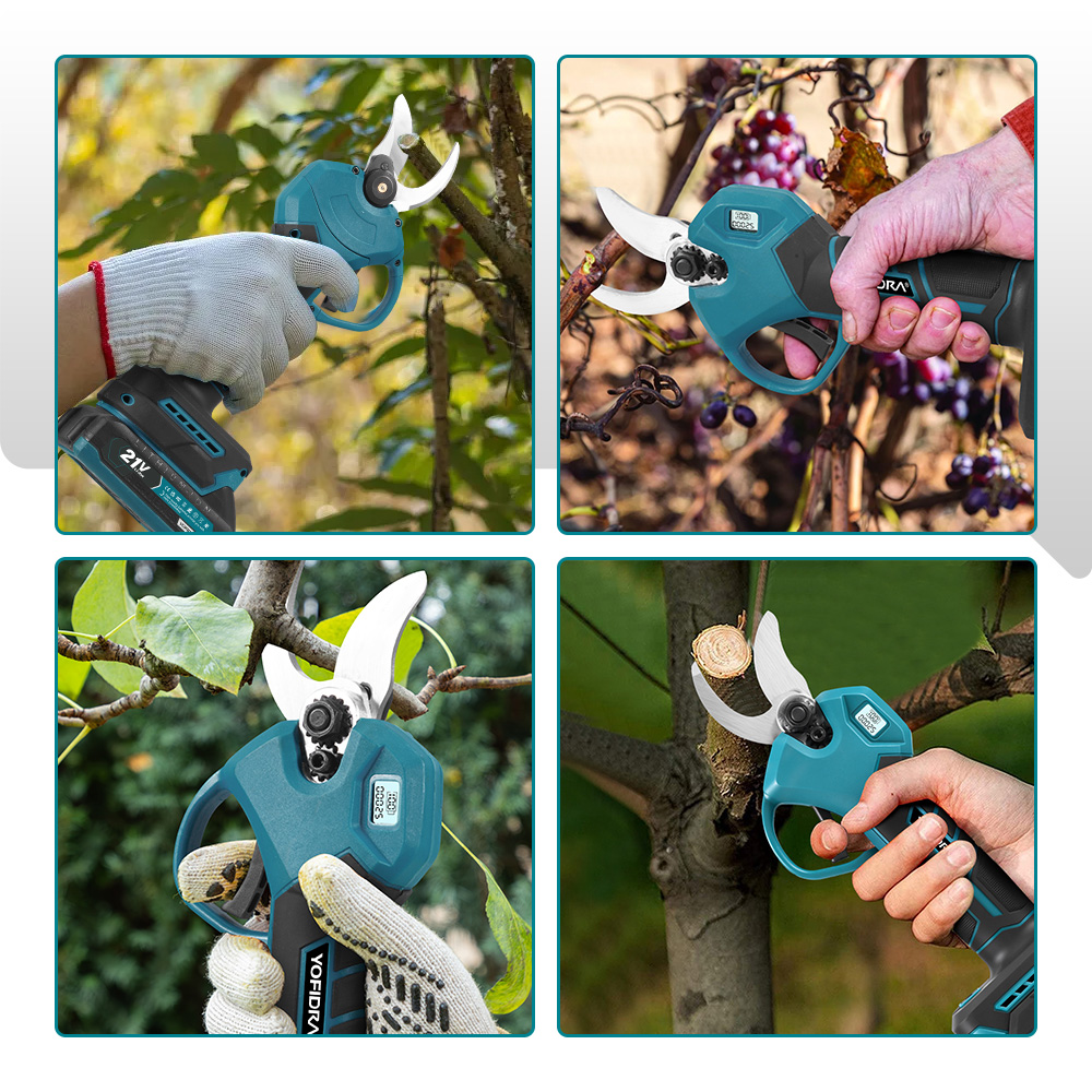 Cuatro imágenes muestran manos usando tijeras de podar eléctricas turquesas en ramas. Se usan guantes. También hay uvas y madera.