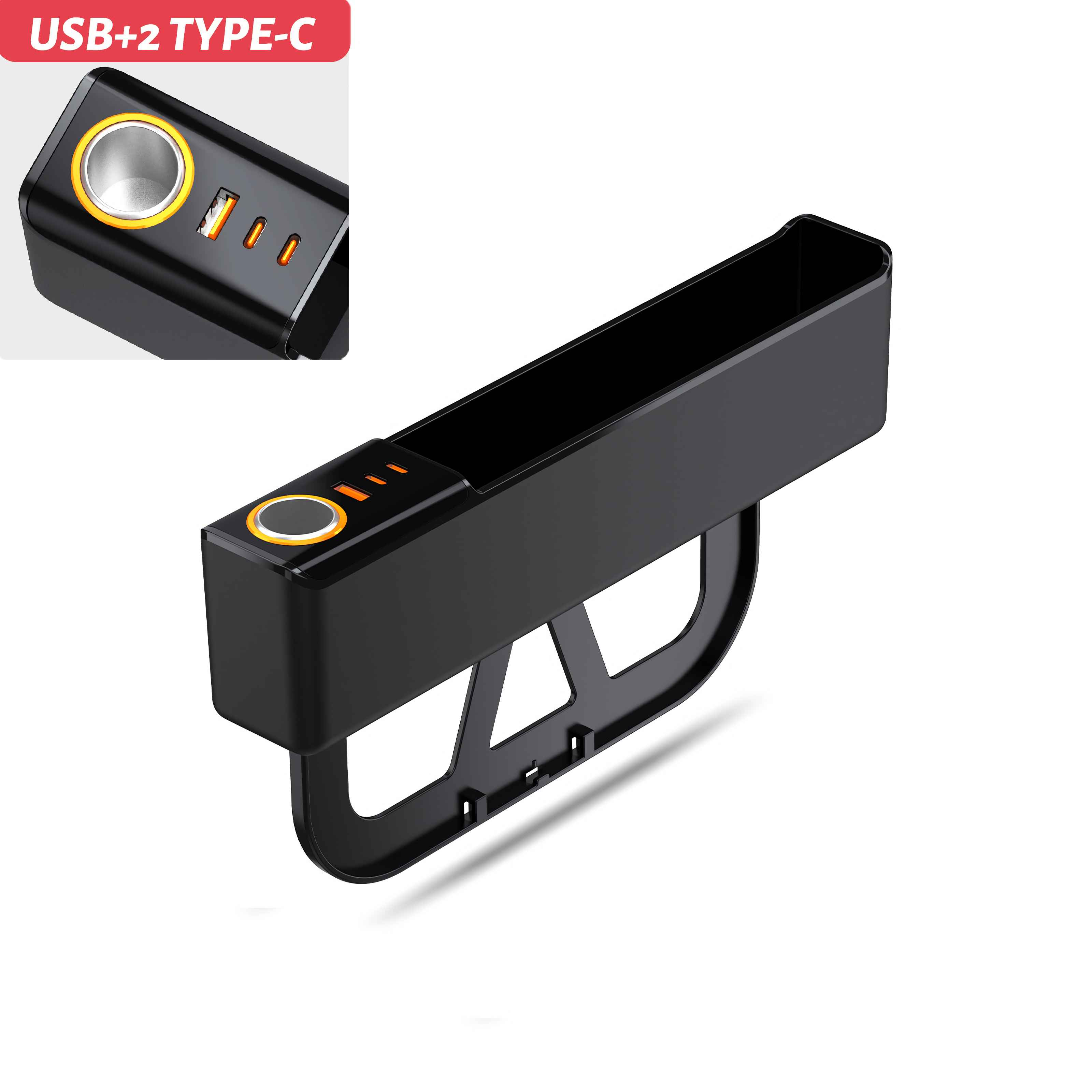 Ein schwarzer Auto-Organizer mit USB-Anschlüssen. Er hat einen langen Stauraum und einen orangefarben beleuchteten USB-Anschluss.