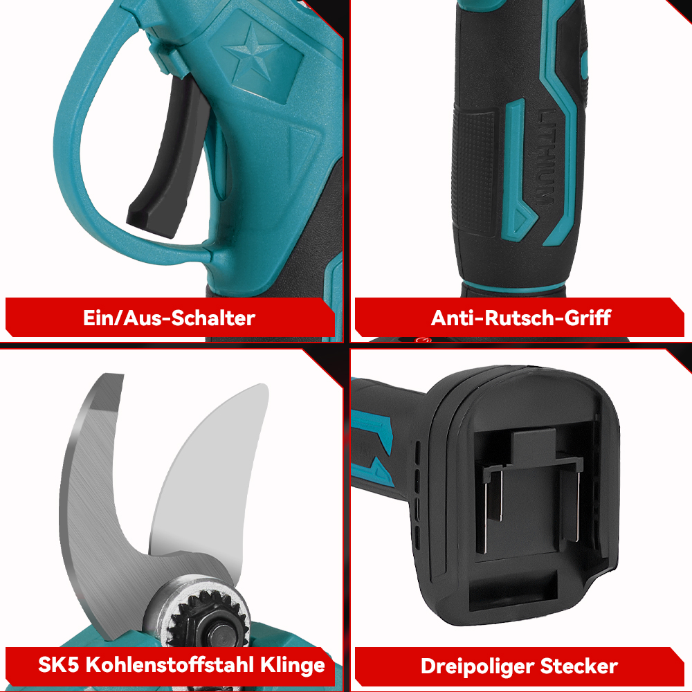 Nahaufnahme einer teal-schwarzen elektrischen Astschere. Teile umfassen Ein/Aus-Schalter, Anti-Rutsch-Griff, Kohlenstoffstahlklinge und Stecker.