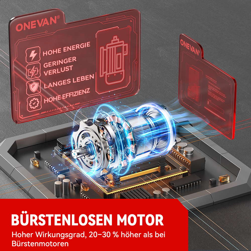 Ein futuristisches Bild zeigt einen bürstenlosen Motor mit blau leuchtender Energie, roten Textfeldern und einem roten Banner.