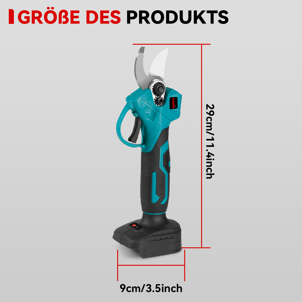 Eine türkis-schwarze elektrische Astschere mit Größenangaben: 29 cm/11,4 Zoll Höhe und 9 cm/3,5 Zoll Breite.