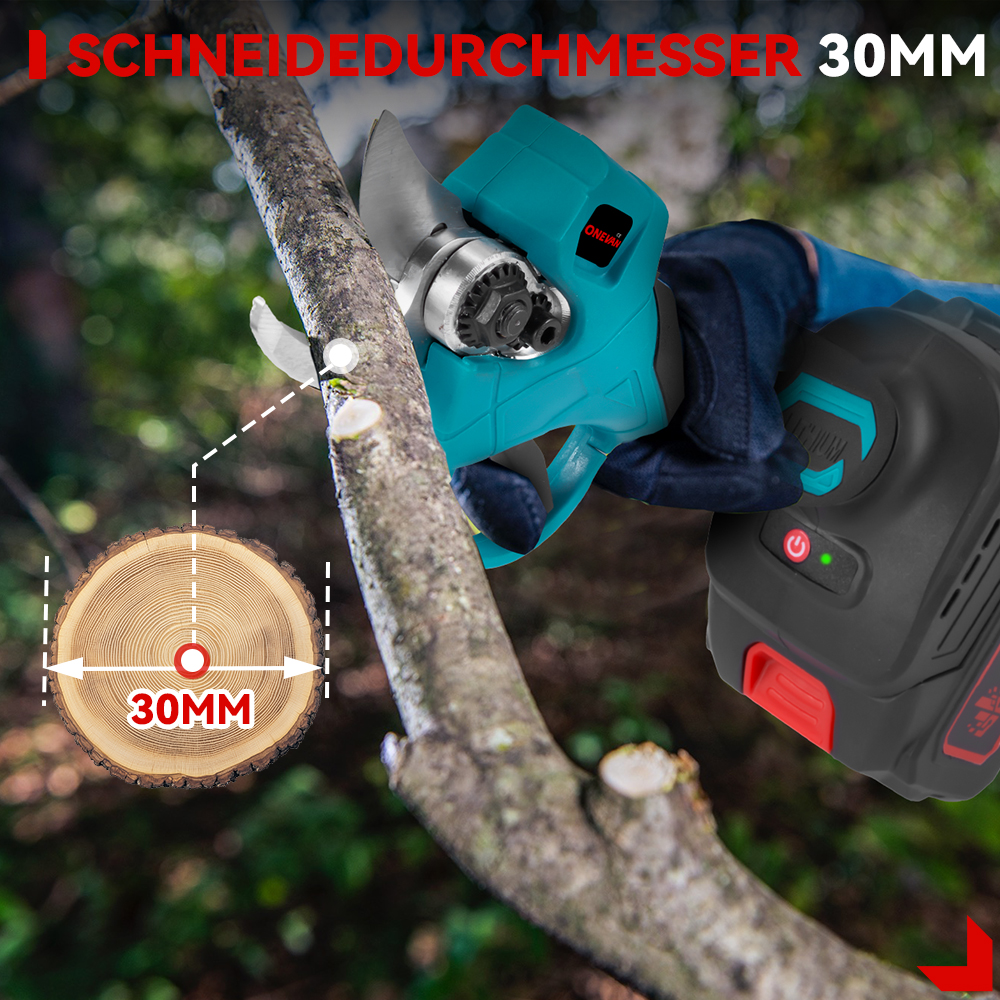 Eine Hand schneidet mit einem tealfarbenen Elektro-Schneider einen Ast ab. Ein geschnittenes Holz zeigt 30mm Durchmesser. Text: 'SCHNEIDEDURCHMESSER 30MM'.