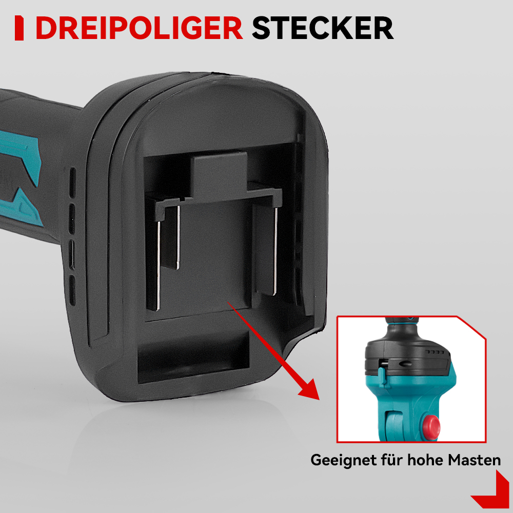 Nahaufnahme einer schwarzen und türkisfarbenen Komponente eines Elektrowerkzeugs, mit einem roten Pfeil, der auf ein kleineres inset Bild zeigt.