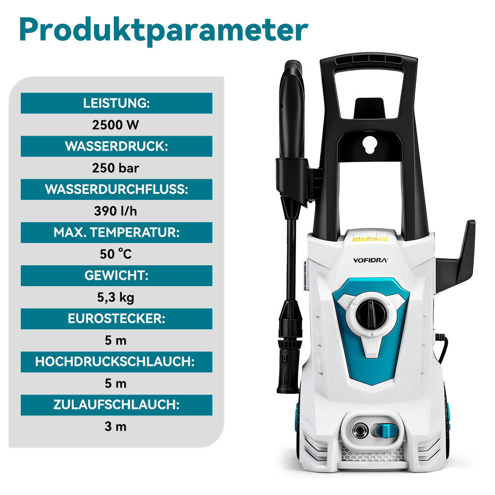 Una hidrolavadora blanca y turquesa con especificaciones del producto. Incluye potencia, presión, flujo de agua y temperatura.