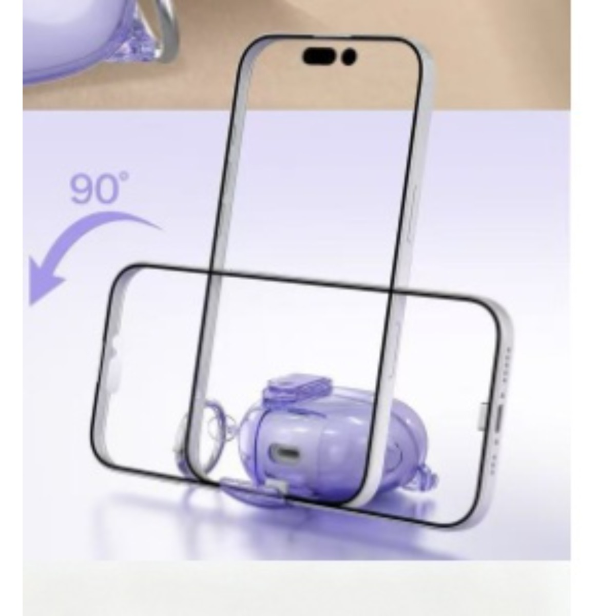 Afbeelding toont een telefoonhoes, een oortjeshoes en een pijl van 90 graden. Alle items zijn wit en paars op een lichte achtergrond.